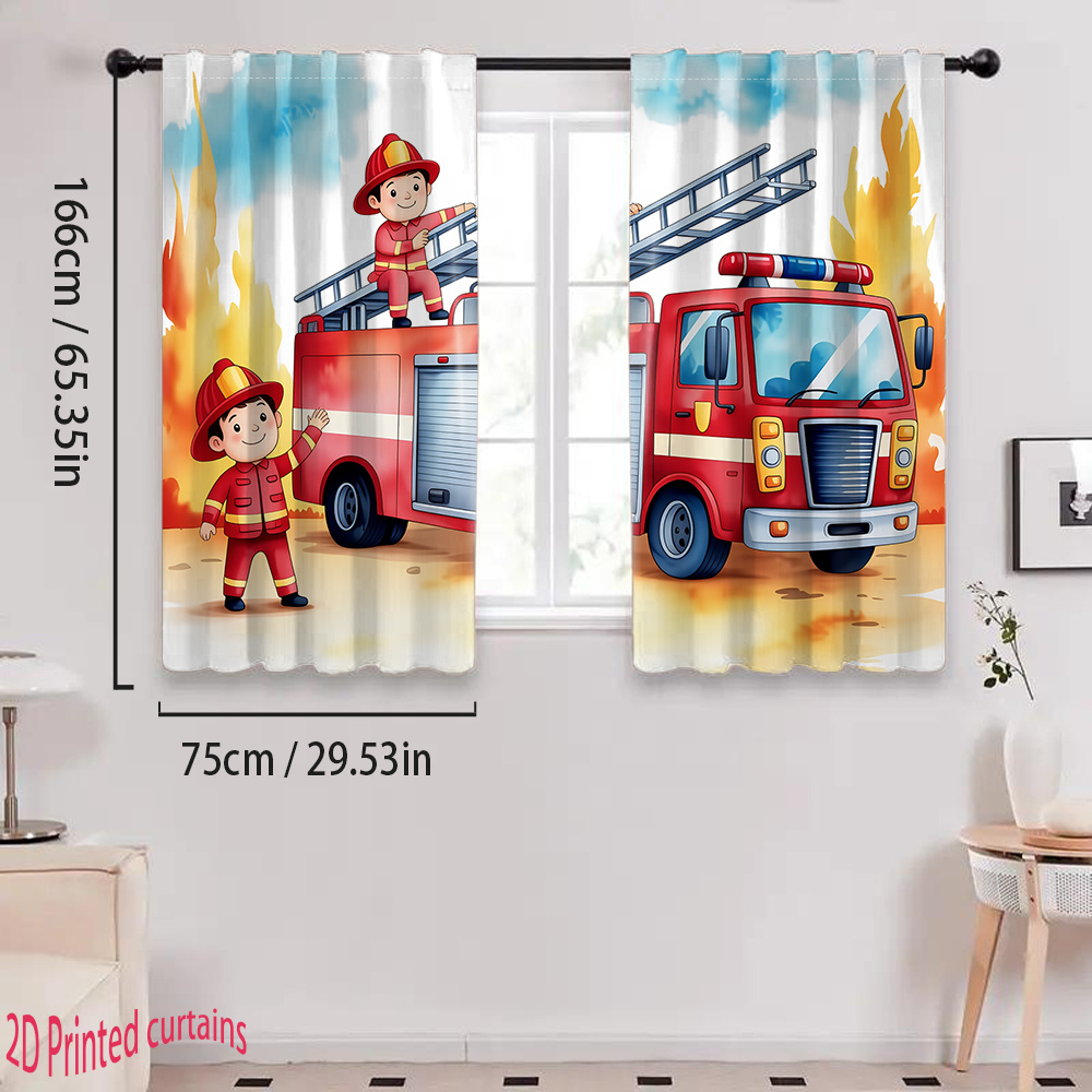 TEMU 2d Flat, 2d Printed 2pcs Cartoon Firefighter And Fire Truck Pattern Decorative Curtains, Suitable For All Rooms And , Decorative Curtains,