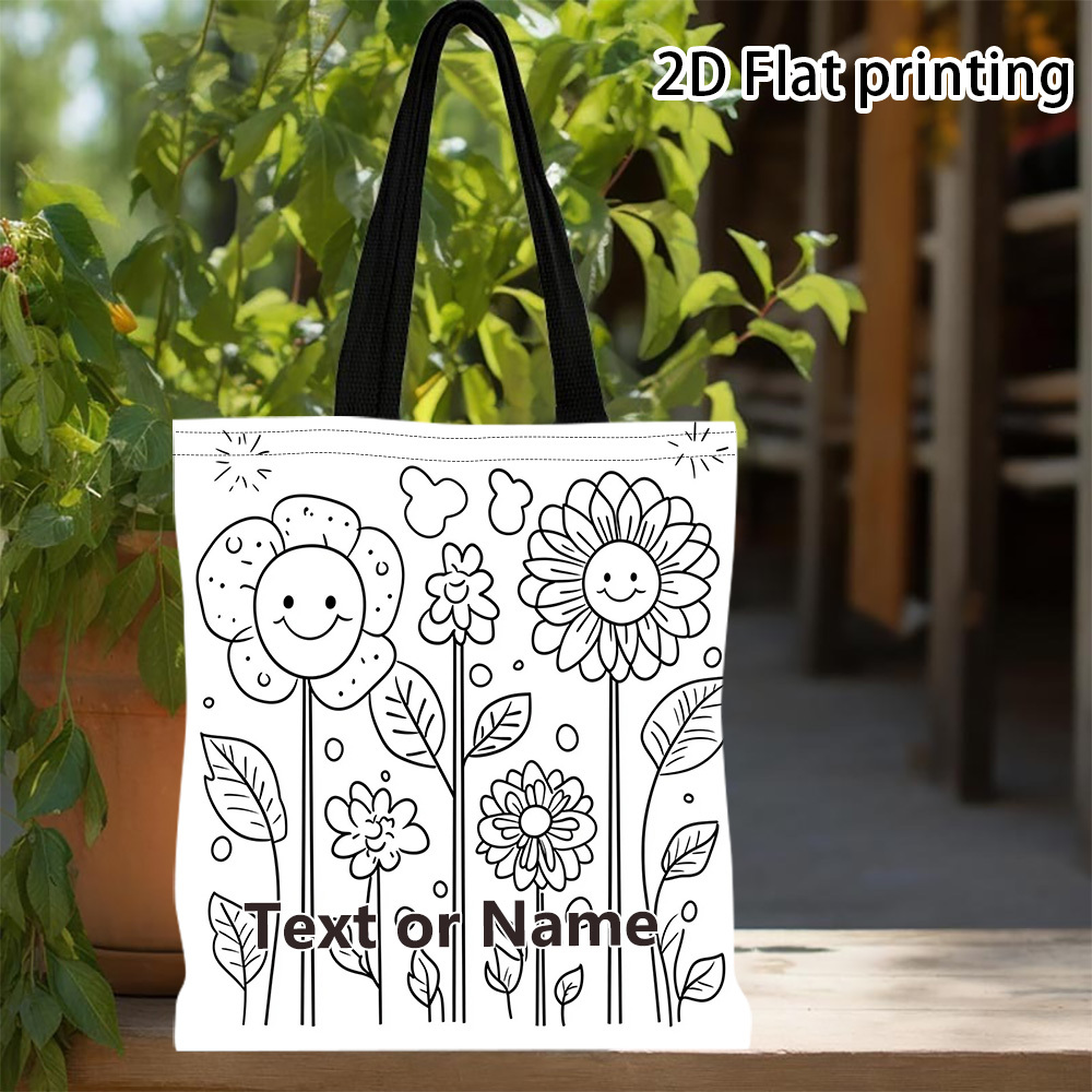 TEMU 1pc,customizable Canvas Tote Bag Personalized Text Design, Cartoon Flower Pattern Canvas Tote Bag - Perfect For Coloring And Everyday Use Unisex