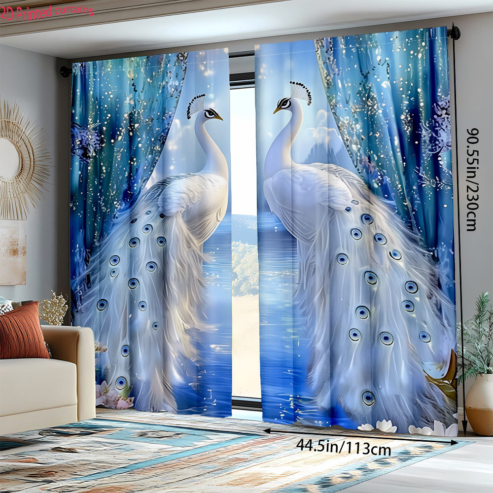 TEMU 2d Flat, 2d Flat Print 2pcs Peacock Pattern Decorative Curtains, Suitable For Bedroom, Living Room, Office, And Home Decor, Rod , 2d Flat