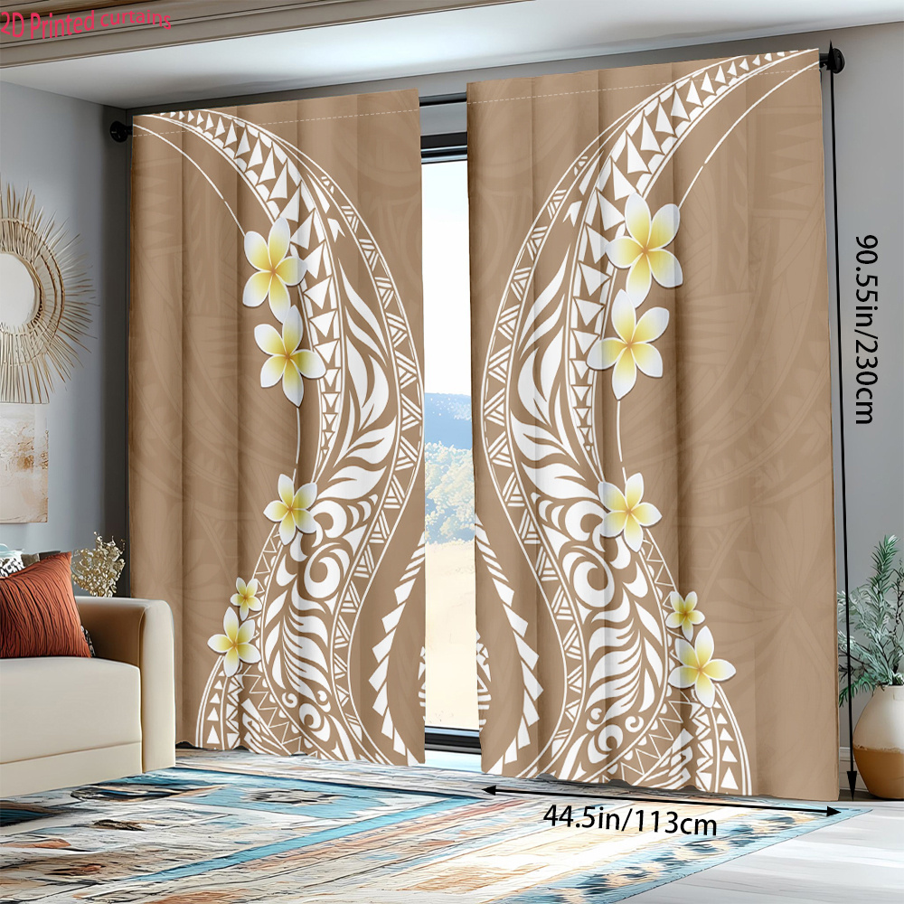 TEMU 2d Flat, 2d Printed 2pcs Polynesian Floral And Frangipani Pattern Curtain Set, Suitable For All Rooms And Seasons, Decorative Curtains, Holiday