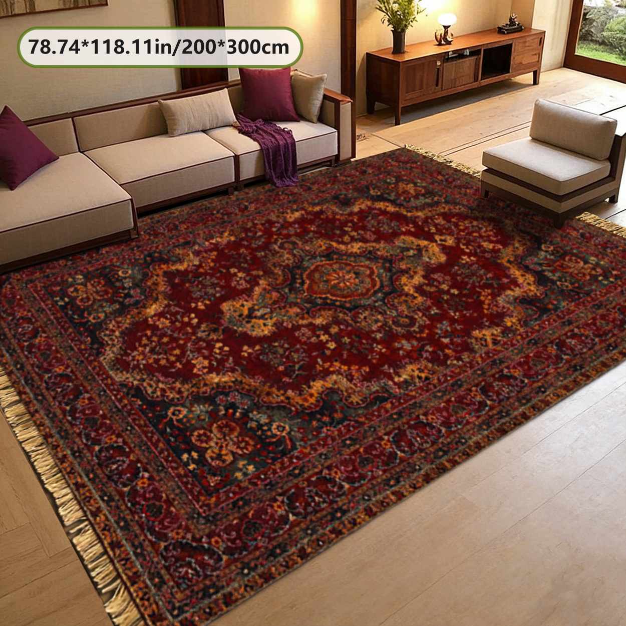 TEMU Soft Plush + Dotted Plastic Base Tassel Traditional Persian Floral Pattern Rug, Tassel Rug, 2d Printed Rug, Fashionable Home Decor Carpet, Large