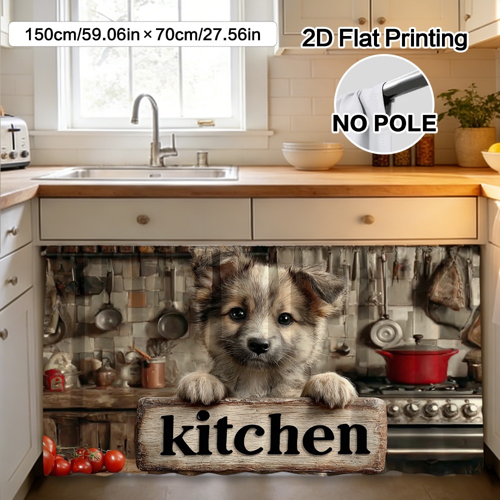 TEMU 2D Plat - (2D Plat) 1pc Chien en Cuisine, Rideau et Décoration d'Armoire - Matériau en Polyester Facile à Nettoyer, à Poches pour Tringle pour