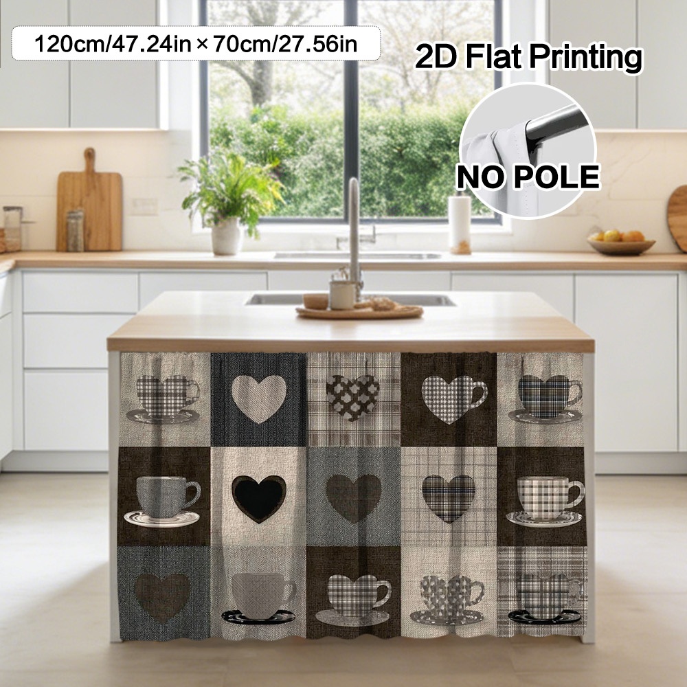 TEMU 2D Plat - 2D Plat - (2D Plat) 1pc Rideaux & Décoration d'Armoire Cœurs & Tasses à Café - Polyester Facile à Nettoyer, à Poches pour Tringle pour