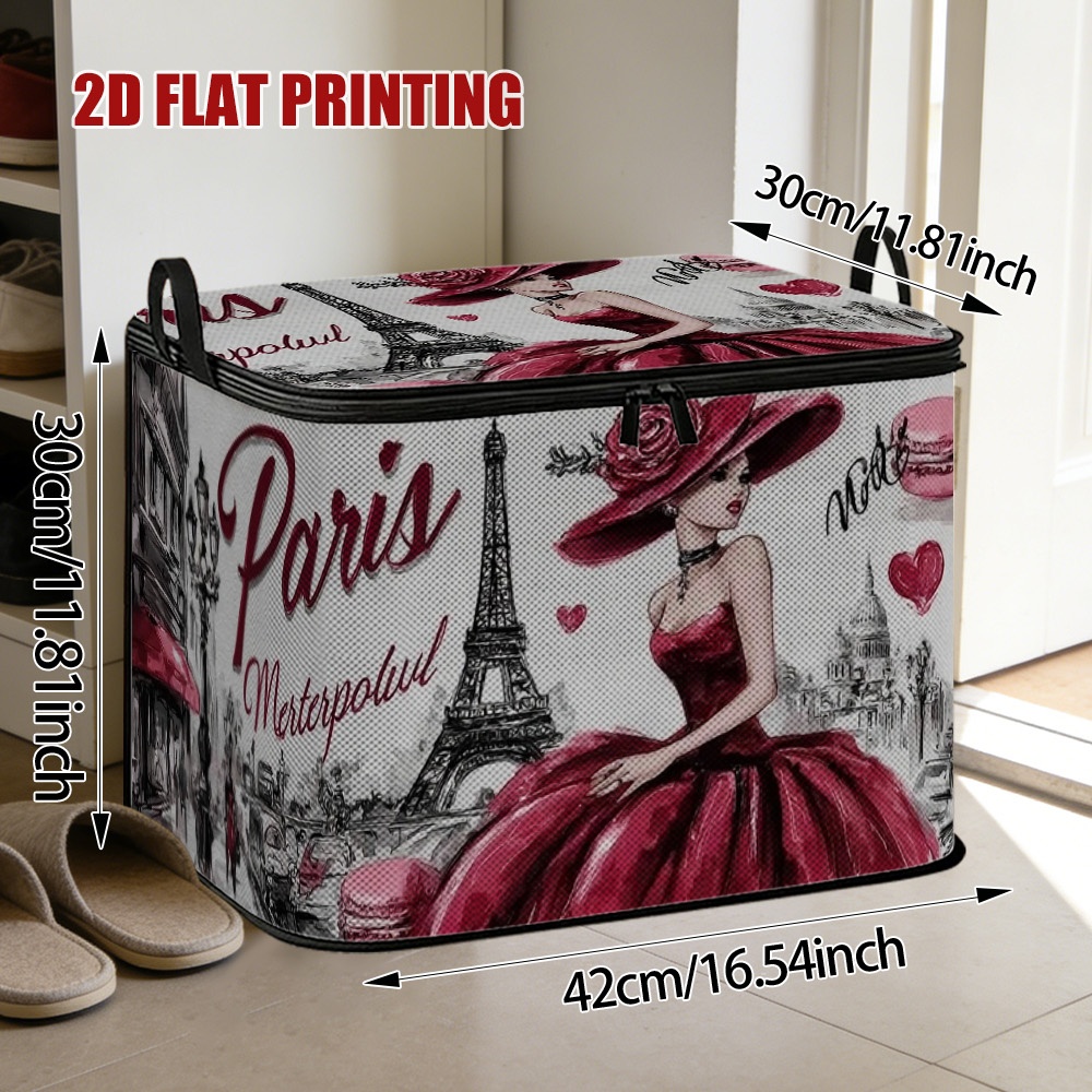 TEMU 1pc 's Storage Bin With Parisian & French Text - Foldable Oxford Cloth Organizer Suitable For Bedside, Bathroom, Entryway - Space- Multi- Gift (