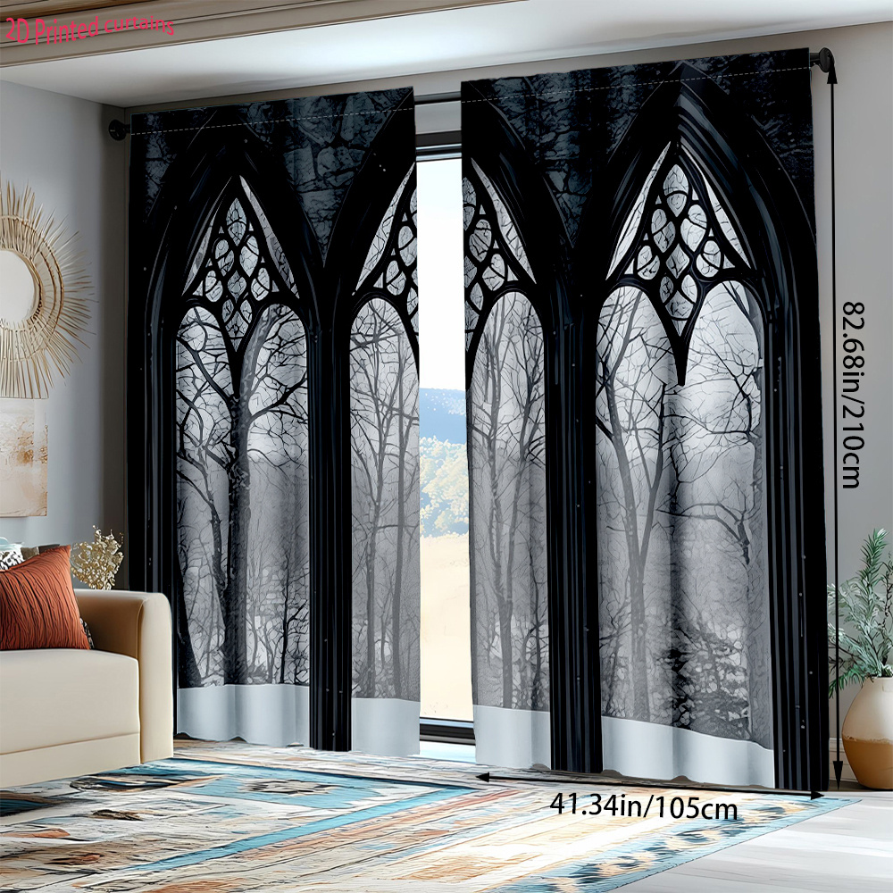 TEMU 2pcs Rideaux de fenêtre d'hiver sur le thème de la forêt gothique pour imprimés 2D, faciles à accrocher avec des , adaptés à la décoration du