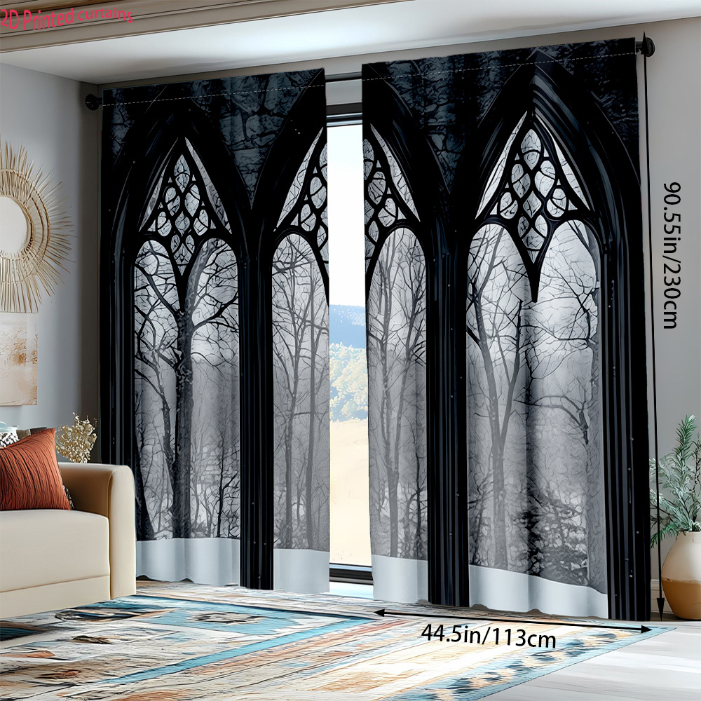 TEMU 2pcs Gothic-style Window Scenery Curtains For 2d Printed Designs, Easy To Hang With Rods, Suitable For Living Room And Bedroom Decoration