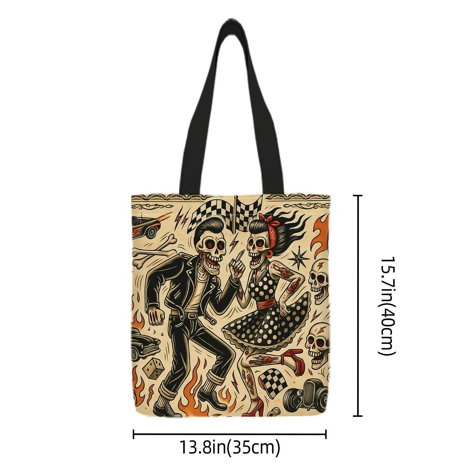 TEMU Un bolso de compras reversible de rockabilly a un de calavera con carreras y llamas ardientes. bolso de , plegable y reutilizable es para viajes