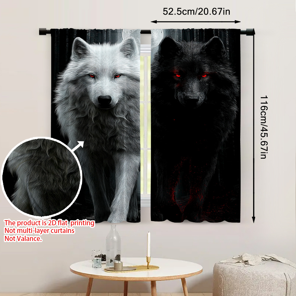 TEMU 2d Flat, 2pcs, 2d Flat Printing Wolf Machine Pattern Curtains Polyester Rod Pocket Curtains, For Office, Living Room - No Rod Included Decor, 2d