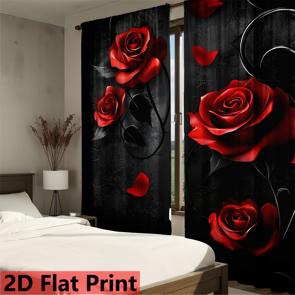 TEMU 2d Flat - 2d Flat Printing 2pcs 21.65x59inch/55x150cm Rose Pattern Window Curtains 69.85x160.02cm Red Roses With Black Leaves Blackout Curtain