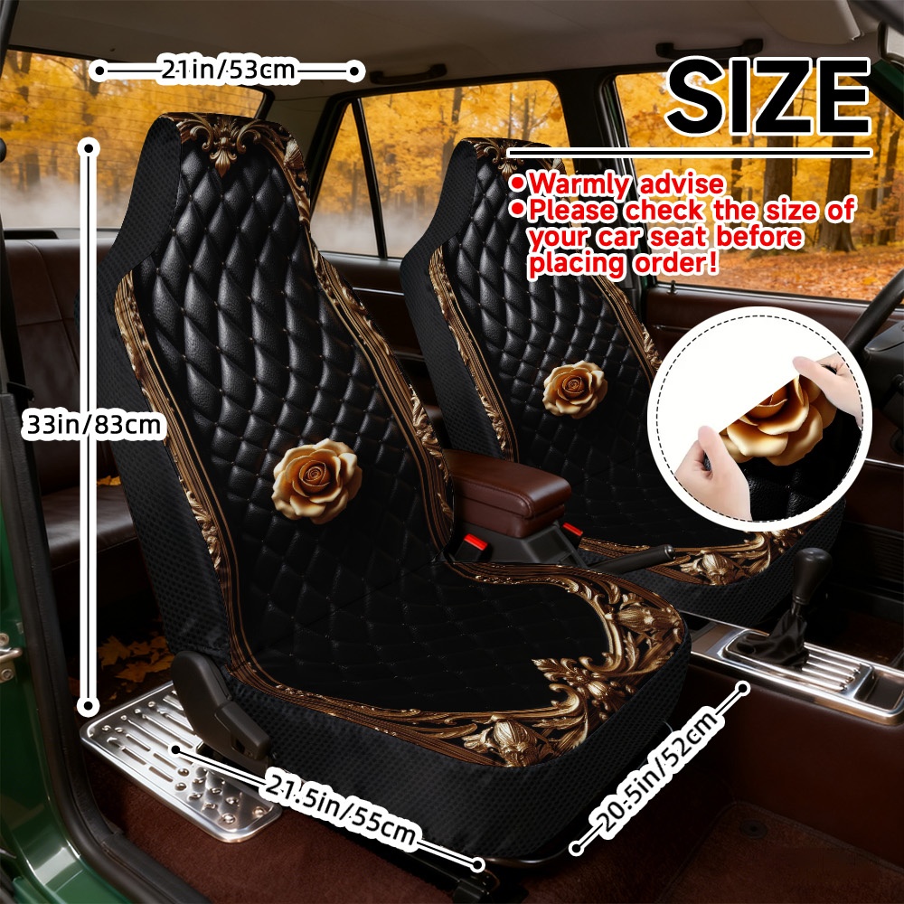 TEMU 2d Flat Printing, 2pcs Golden Rose Print Car Seat Covers, Universal Front Seat, Comfortable And Soft Seat Covers, , Machine Washable, Vehicle