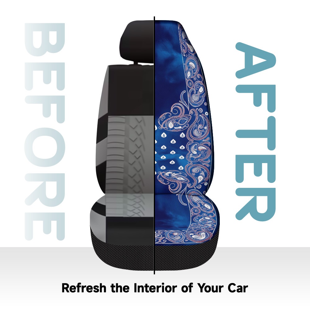 TEMU 2d Flat Printing, Car Seat Cover For Front Seats, Seat Decor Cover, Blue Paisley Elegant Print, , Machine Washable, Compatible With Most Models,