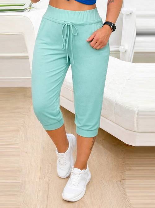 womens fashion casual elastic high waist drawstring tie solid color capri pants