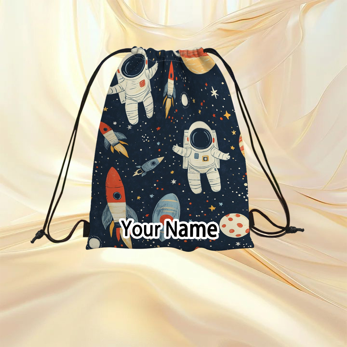 TEMU 1 Custom Text And Name Drawstring Backpacks With A Large Capacity, Made From Foldable Oxford Fabric, Showcasing And Against A Starry Background.
