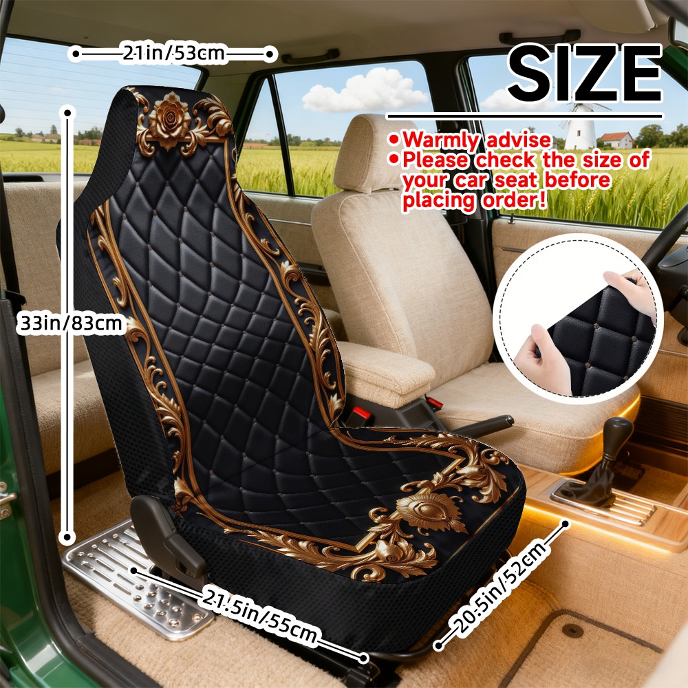 TEMU Set Of 2 Front Seat Covers For Vehicles, Featuring A Black And Golden Ornate Design. Durable And Soft Covers Are Easy To And Fit Most Car Seats,