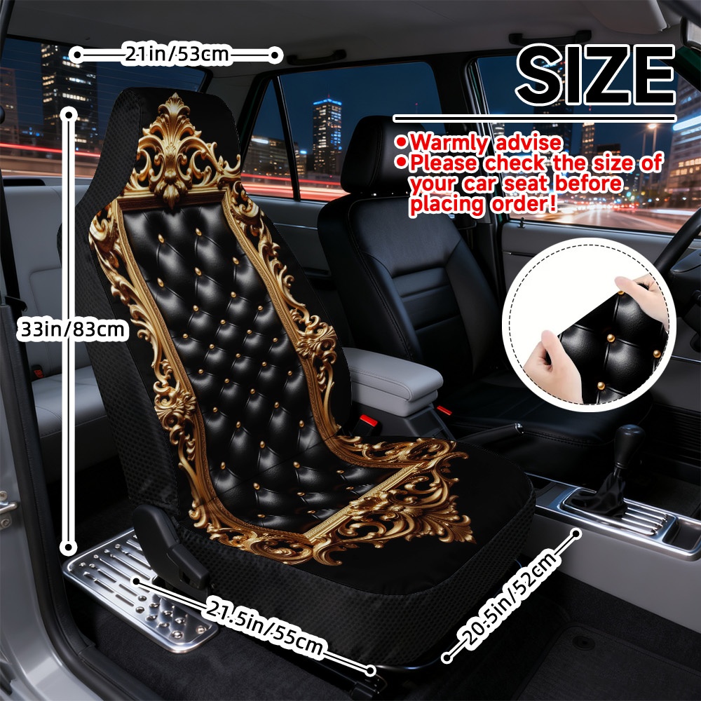 TEMU 2d Flat Printing, 2pcs Vehicle Seat Covers, Ornate Golden And Black Pattern, Universal Fit Front Seat, Soft And Comfortable Car Seat Covers, ,