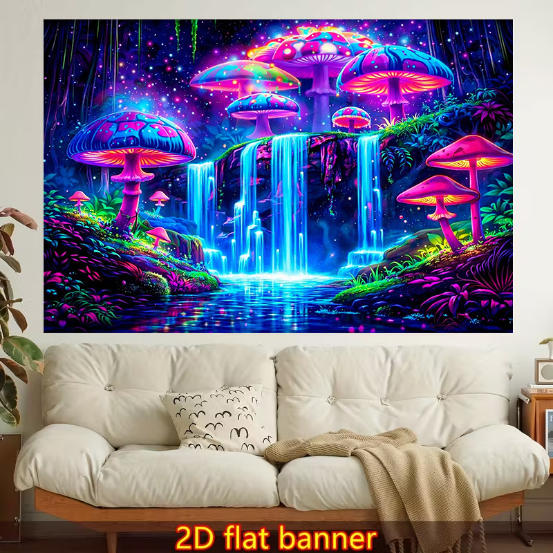 TEMU 2d Flat, 1pc, Large/small Size, 2d Flat Printed Wall Tapestry Featuring Neon Mushrooms, Waterfall, And Fantasy Forest. Ideal For Room Decoration