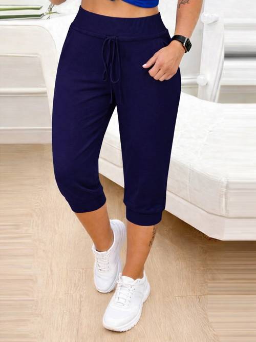 damen mode casual elastische high-waist bund mit kordelzug einfarbige caprihosen