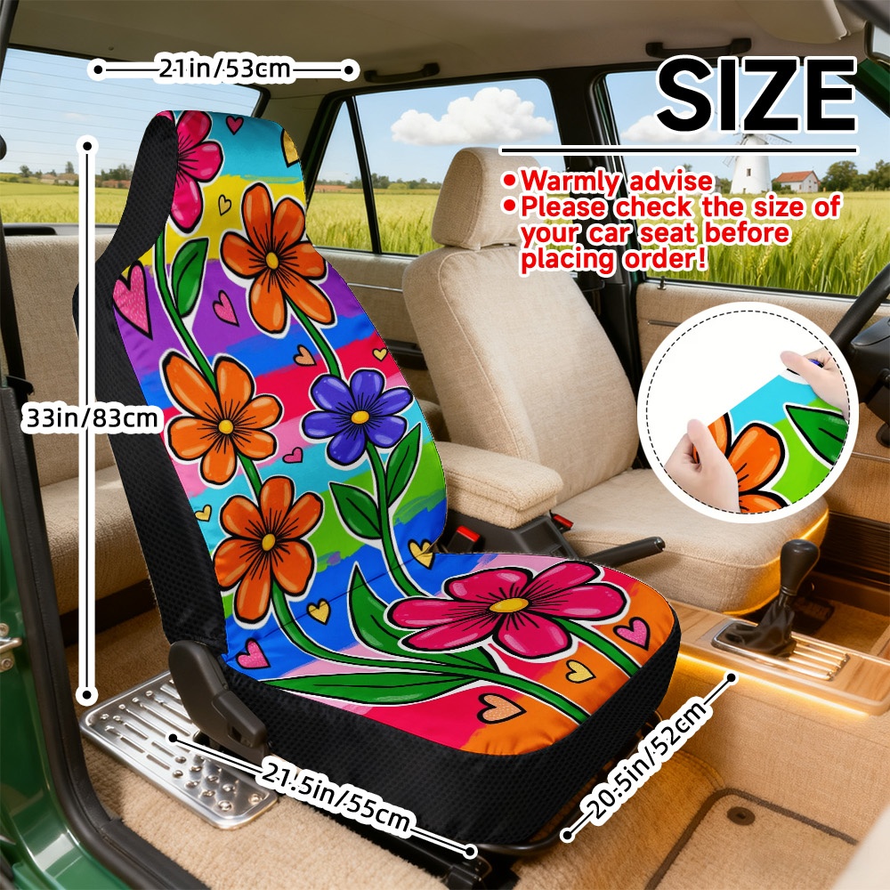 TEMU Set Of 2 Vibrant Floral And Heart-patterned Car Seat Covers, Designed For Universal Front Seats. Covers Are Soft, Comfortable, , Machine