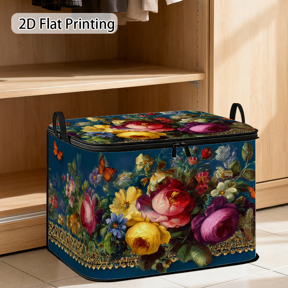 TEMU 1pc Vintage Oxford Cloth Shelf Basket With Lid - Contemporary Floral Storage Bin, Lid Suitable For,,, Crafts, Pantry Organization, Decorative