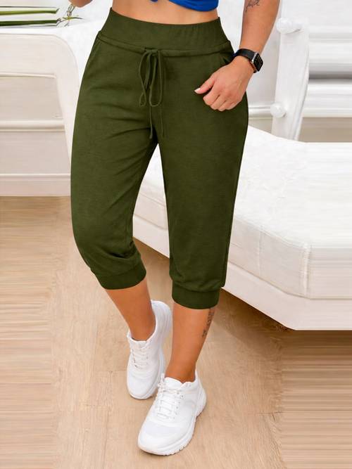 womens fashion casual elastic high waist drawstring tie solid color capri pants