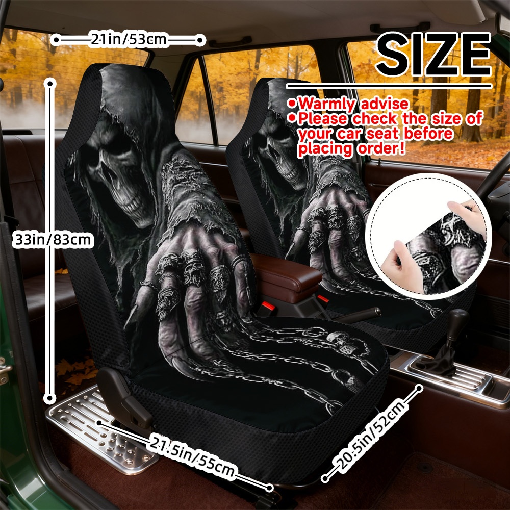 TEMU Universal Car Seat Covers Featuring A Skeleton Hand And Chains Design, Made From Soft And Durable Polyester Fabric, , And Sold In A Set Of 2