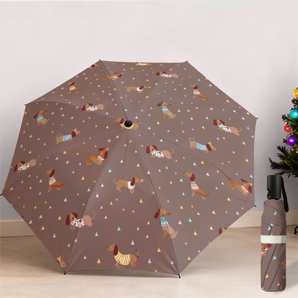 Image of Automatic Open/close Folding Umbrella With Dressed Dachshund Pattern, Blocking, 8-rib Sturdy Frame, Portable, Stylish Patterns, Ideal For , Shopping & Commuting, , Valentine Gifts For Her
