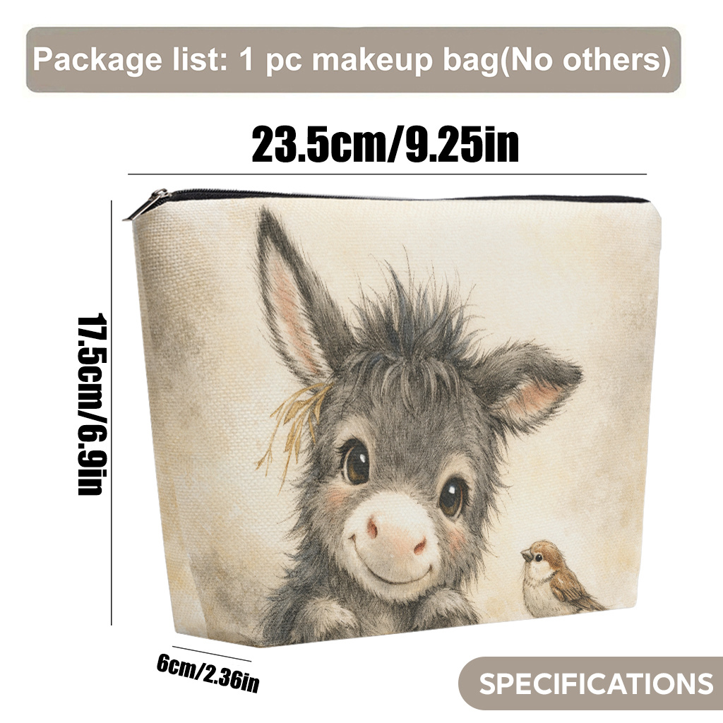 E-shop Lächelnde Esel mit Vogel Make-up Tasche | Leinen, faltbare & tragbare Kulturtasche, Reißverschluss, geeignet für Männer & Frauen, ideal für