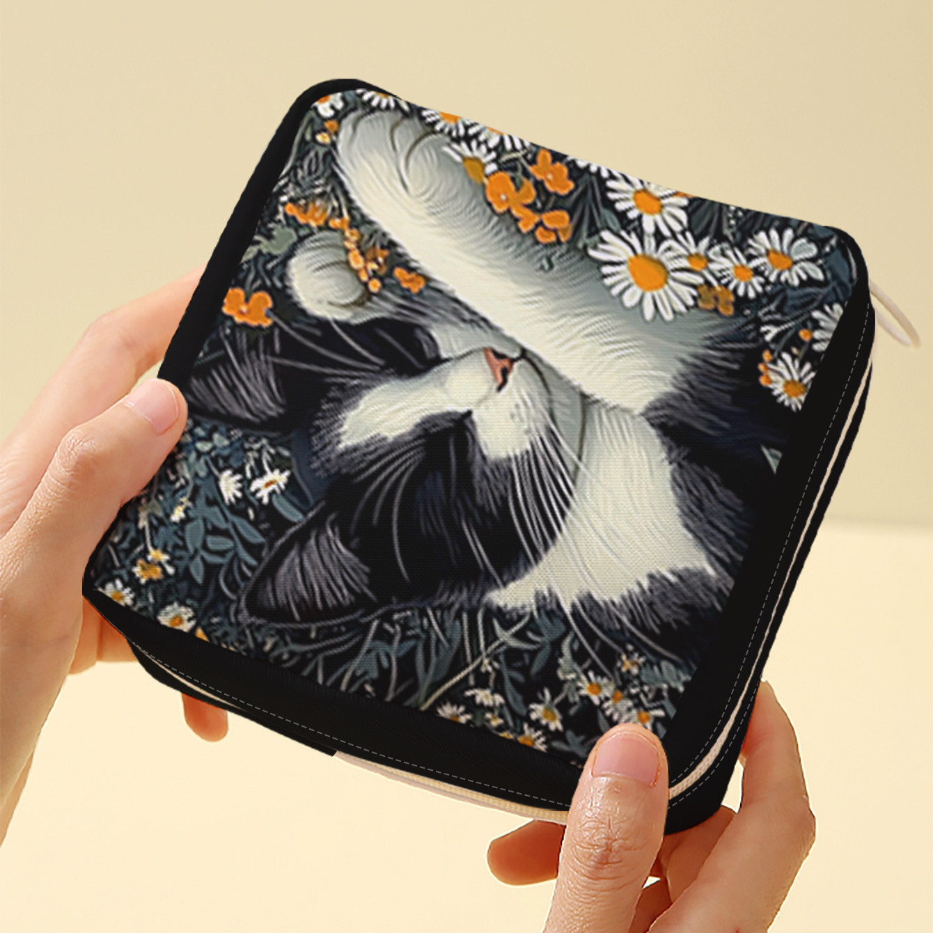 TEMU Sleeping Cat And Daisy Pattern - 2d Printed Fashion Large Capacity Sanitary Pad Storage Bag - Portable Pocket Organizer, Suitable For And