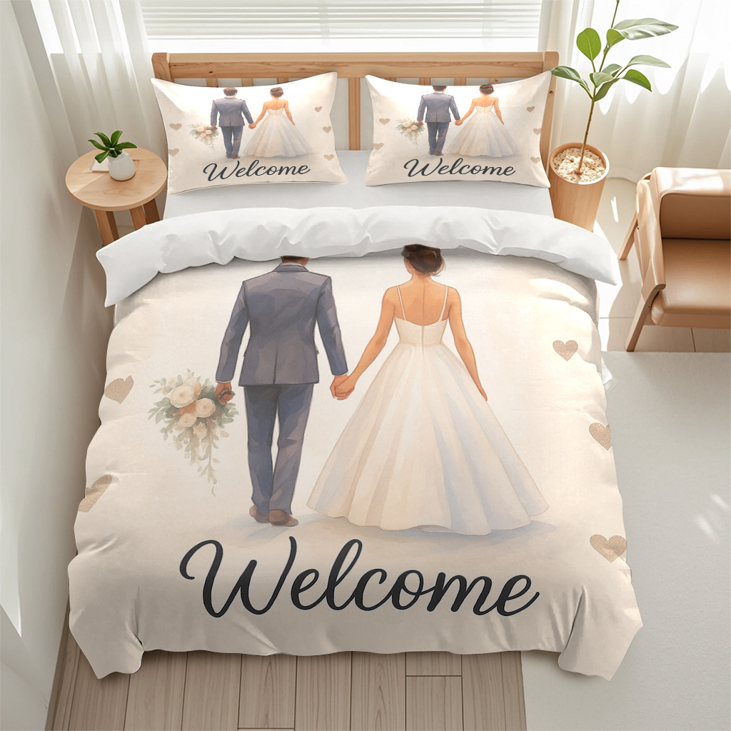 TEMU 3pcs Wedding Couple Themed Bedding, Fashion Trendy Lightweight Soft Bedding Of 3pcs (one Duvet Cover And 2 Pillowcases) With Zipper Closure For