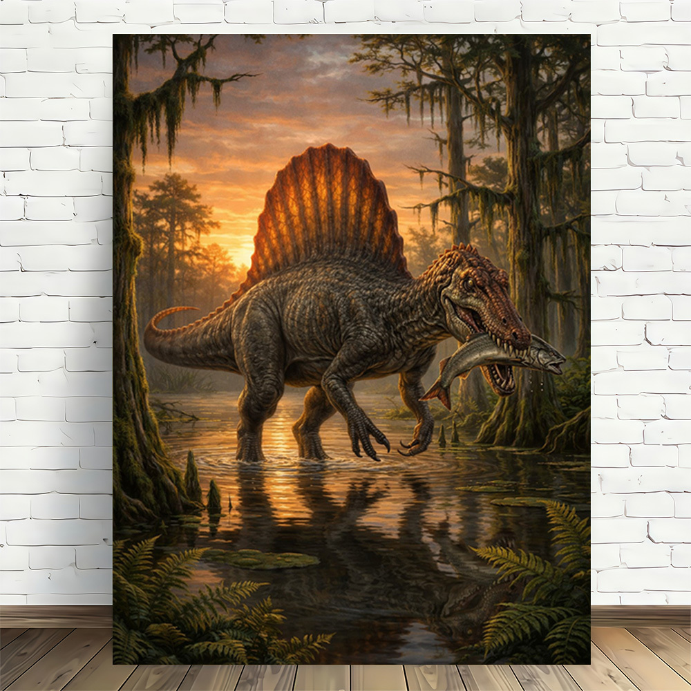 TEMU 2d Flat, 2d Flat, 2d Flat A Single Piece Of 2d Flat Spinosaurus Hunting Artwork, Featuring A Modern Retro Design, Printed On Canvas Without A