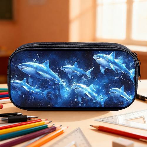 imagem do item estojo para lápis com design de tubarões no , estojo de lápis com capacidade, estojo moderno com compartimento com zíper, porta-lápis qualidade para presente