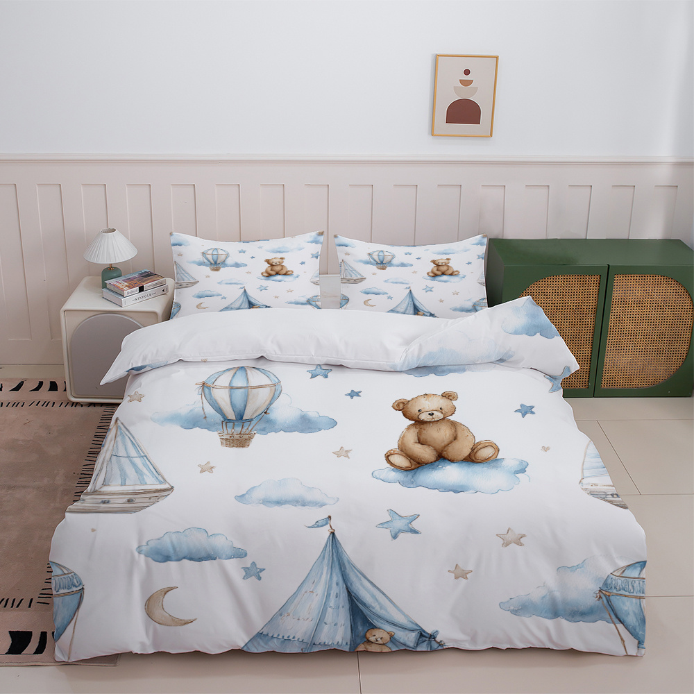 TEMU 3pcs Watercolor Hot Air Balloons,teddy Bear,tent,and Stars Print Quilt Cover. Perfect For Bedroom Decor,this Cozy Bedding Is Ideal For Dorm