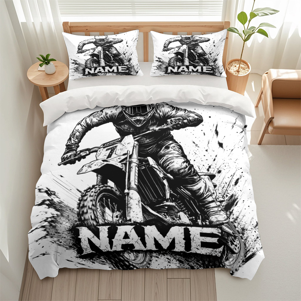 TEMU Customized 3pcs Motocross Rider Themed Bedding, Custom Name/text Bedding Of 3pcs (one Duvet Cover And 2 Pillowcases) For Bedroom Home Dorm
