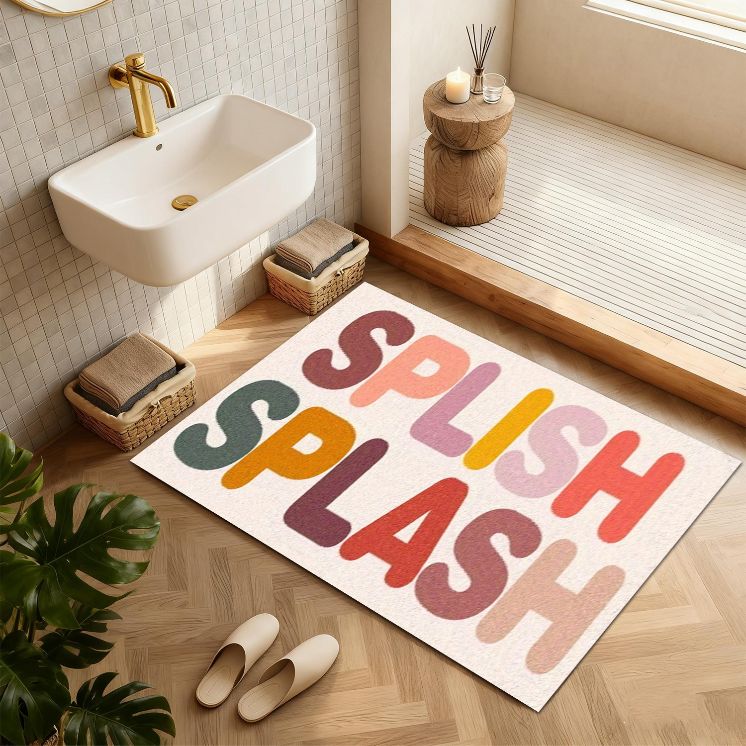 TEMU 1pc Bathroom Mat With Colorful " Splash" Lettering, Suitable For Bathroom Doorway, Next To Bathtub, Or Vanity. Extra Thick, Quick-drying,