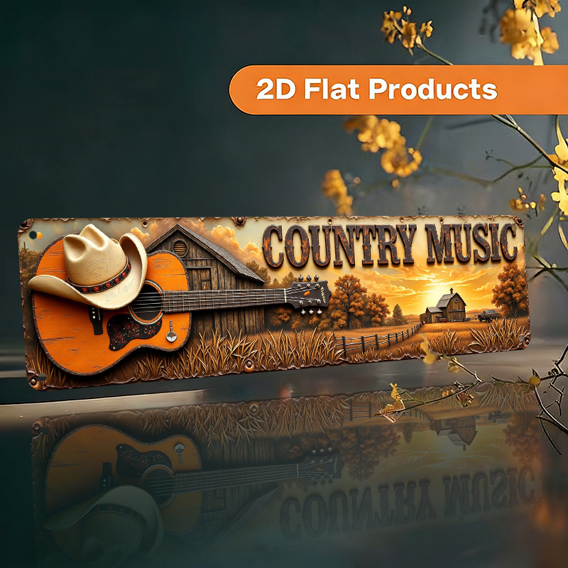 TEMU 2d Flat, 2d Vintage Western-style Wooden Wall Decor Plaque, Rustic Farmhouse Country Music Themed Wooden Hanging Sign, Printed With Guitar,