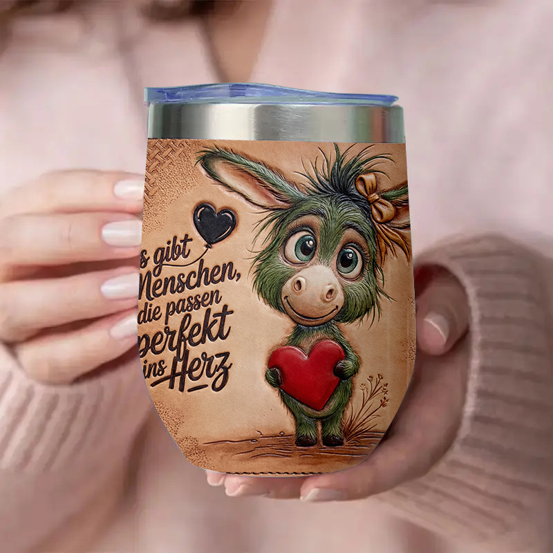 Image of A Single 12oz Stainless Steel Coffee Cup And Mug With A Leak-proof Design, Perfect As A Gift, Featuring An Adorable Donkey With A Heart-shaped Print