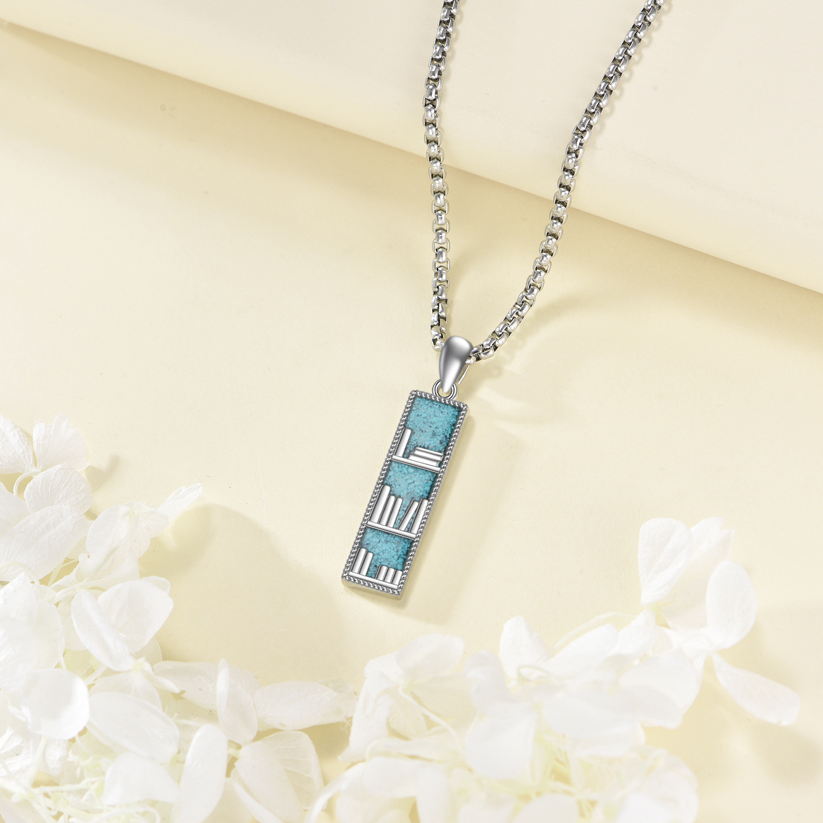 Sterling Silver Book Necklace with Synthetic Turquoise Pendant
