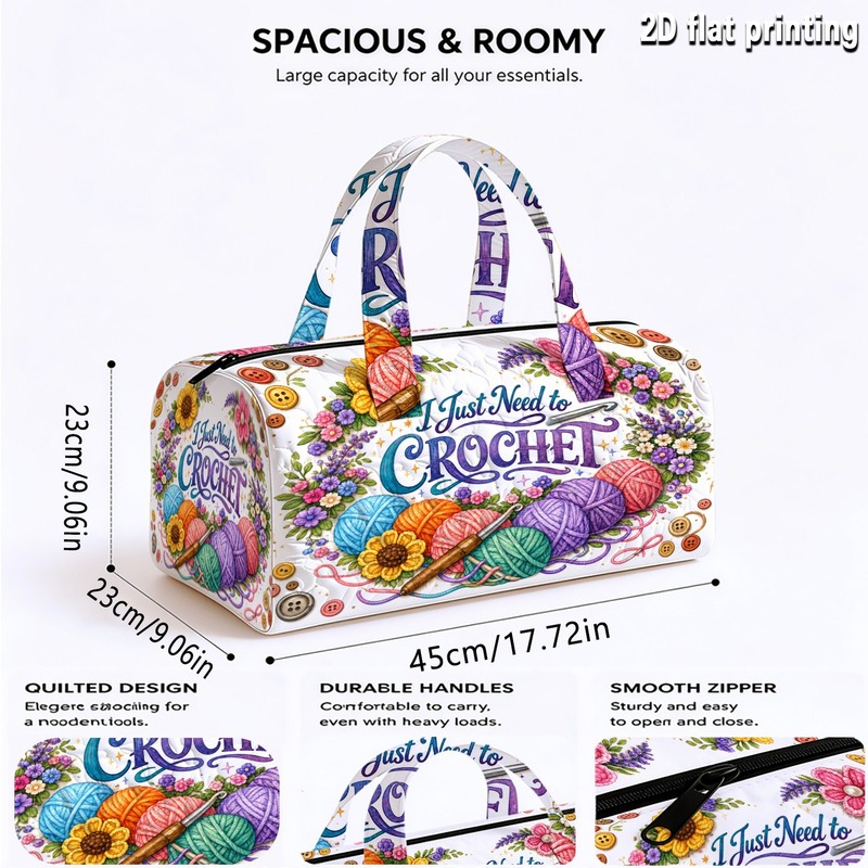 TEMU Quilted Tote Bag With "crochet Knitting Floral Yarn Ball" Print, Unisex Quilted Fashion Luggage, Exquisite Needlepoint Craft Printed Large