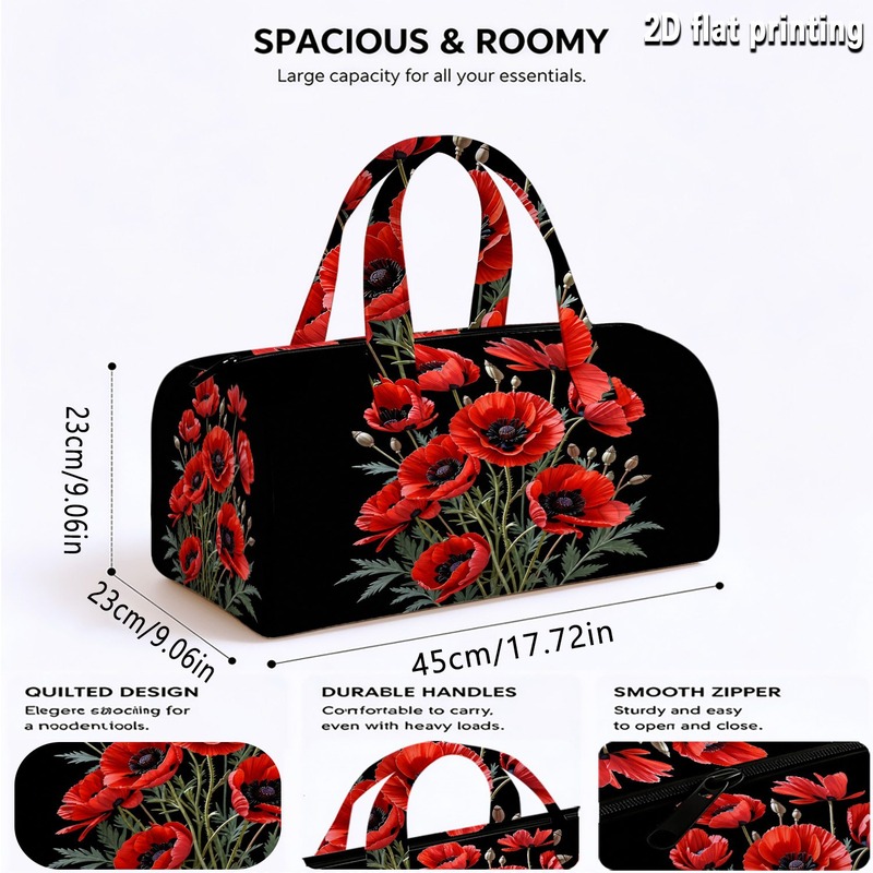 TEMU Single-piece Quilted Tote Bag: Vintage Red Poppy Flower Print Themed Quilted Travel Bag, Unisex Quilted Fashion Luggage Bag, Craft Print Large
