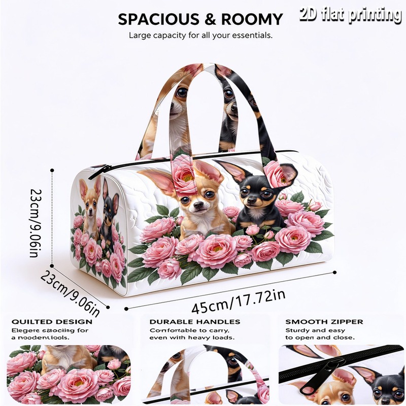 TEMU Single-piece Quilted Tote Bag With Chihuahua And Pink Rose Print Theme, Unisex Quilted Fashion Luggage Bag, Exquisite Print Large Capacity