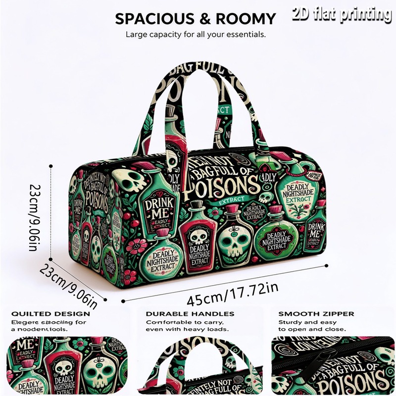 TEMU Single-piece Quilted Tote Bag "poison Bottle And Skull" Print Themed Quilted Travel Bag, Unisex Quilted Fashion Luggage Bag, Craft Print Large