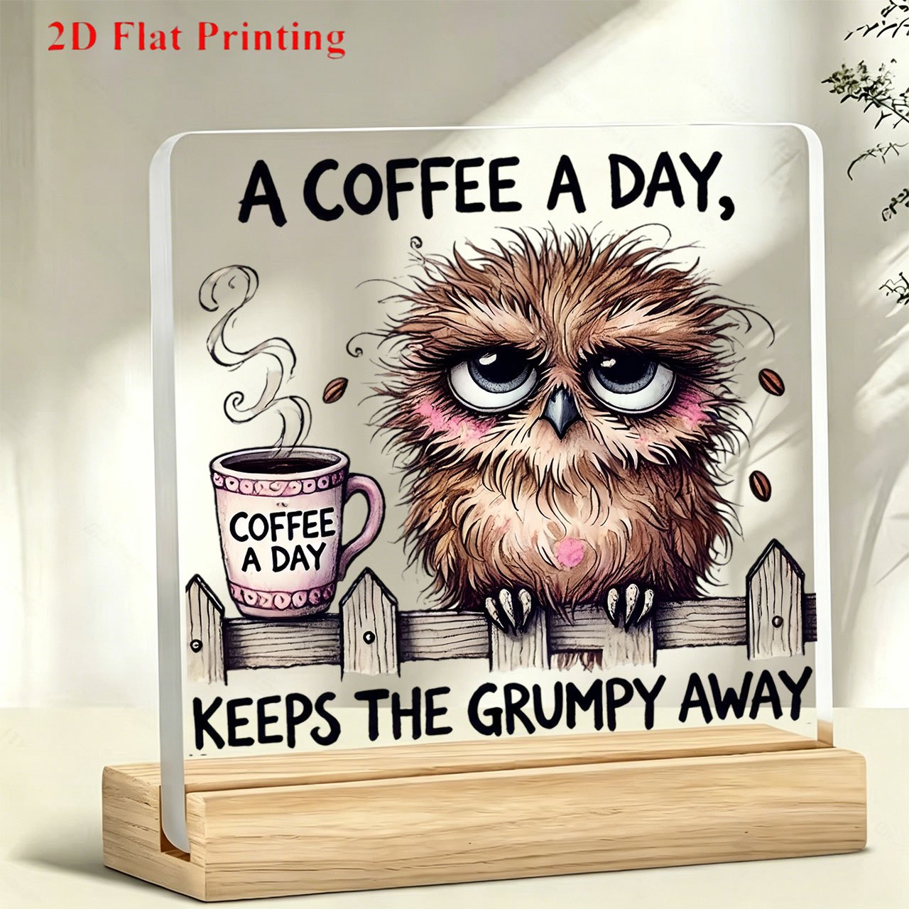 TEMU 2d Flat 1pc Cute Owl With Coffee Cup Pattern Paperweight, Inspirational Ornament, Desktop Decoration, Office Desk And Bar Counter Decor,