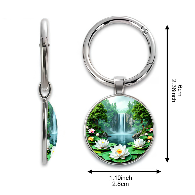 Natural Waterfall Lotus Theme Keychain, Realistic Style