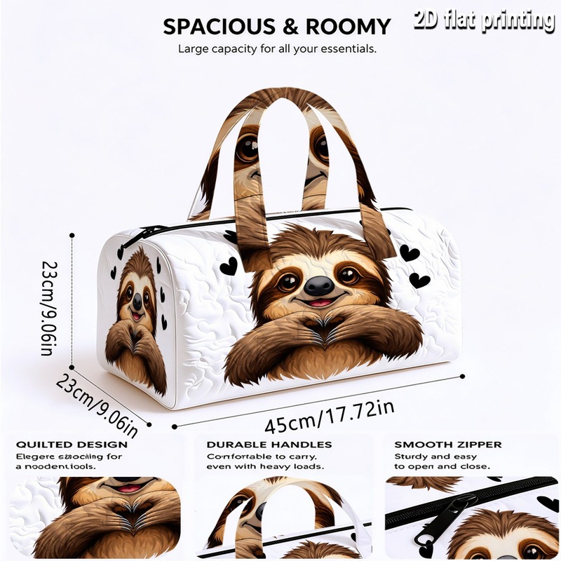 TEMU Single-piece Quilted Tote Bag With Adorable Sloth And Heart Print Theme, Unisex Quilted Fashion Luggage Bag, Craft Print Large Capacity Handbag,