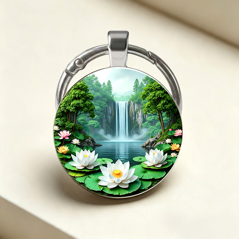 Natural Waterfall Lotus Theme Keychain, Realistic Style