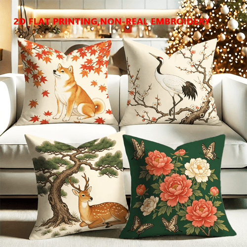 4pcs set 2d flat printing chinese style botanical and animal print sofa pillowcases single sided print polyester material multiple sizes zipper closure machine washable outdoor indoor decoration for bedroom living room sofa and bed decor