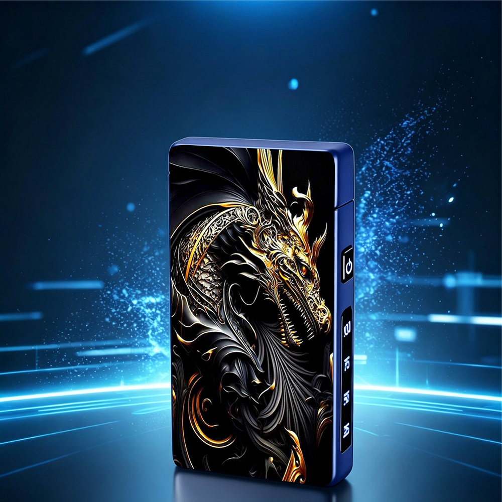 TEMU 1pc Windproof Electric With A Black And Golden Exquisitely Carved Western Dragon Metal Casing, Power Display, Dual Arc, Gift Box Packaging,