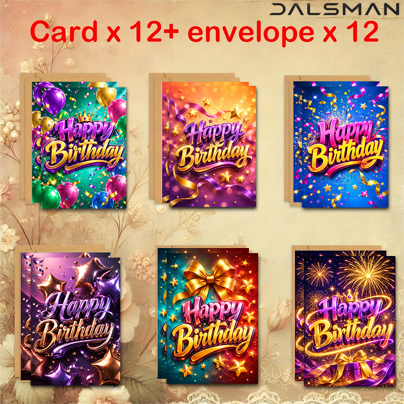 TEMU 12/24pcs Greeting Cards With Envelopes Happy Birthday Greeting Cards Set Colorful Balloons And Fireworks Design For Colleagues Celebration