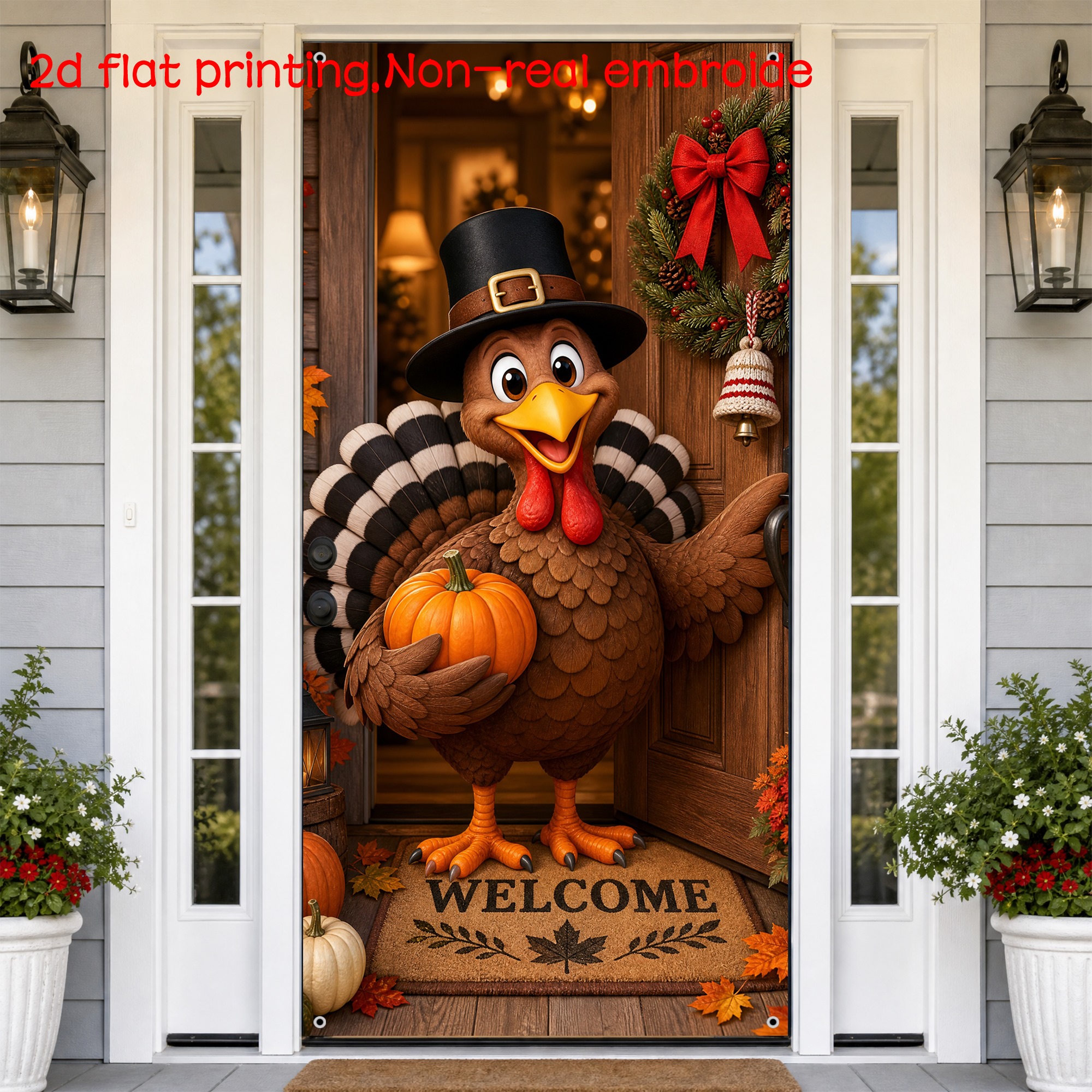 TEMU 2d Door Banner 2d Flat Door Banner, Thanksgiving Turkey Welcome Banner, Autumn Cartoon Style, Porch Background Flag, Suitable For Home Indoor