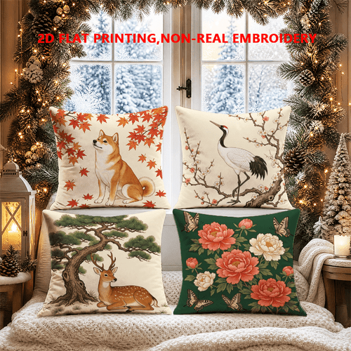 4pcs set 2d flat printing chinese style botanical and animal print sofa pillowcases single sided print polyester material multiple sizes zipper closure machine washable outdoor indoor decoration for bedroom living room sofa and bed decor